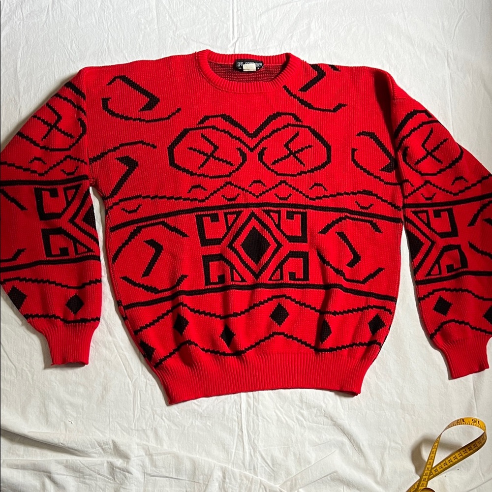 PLAYBOY Vtg. Red and Black Patterned Crewneck Sweater